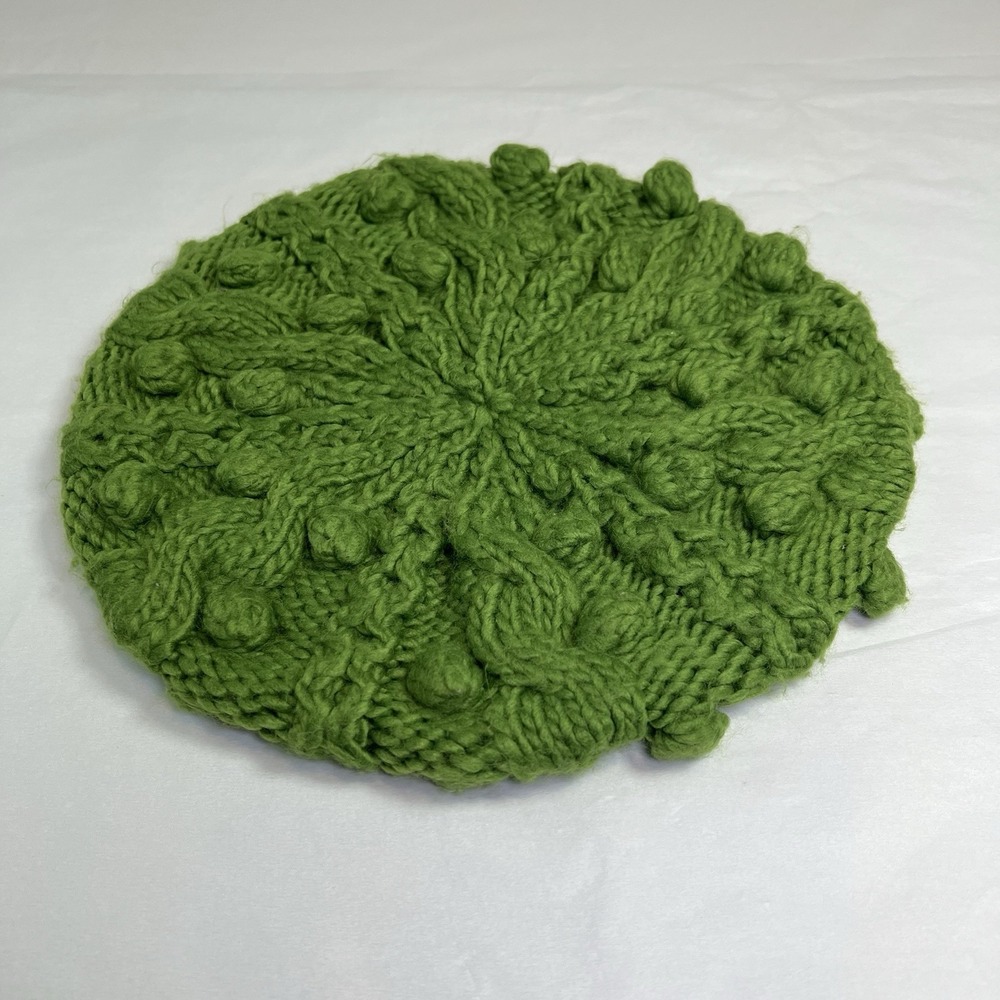 Womens Lumpy Knit Green Crochet Beret Hat Yarn Warm Cap Avocado